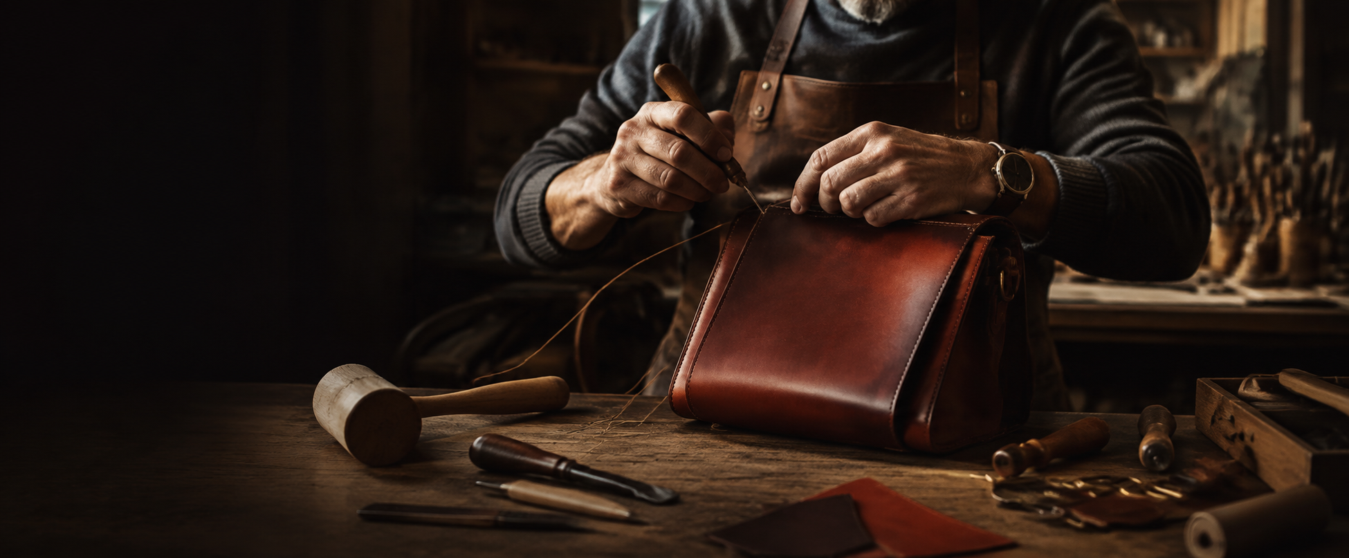 YuTang artisan hand-stitching a leather bag