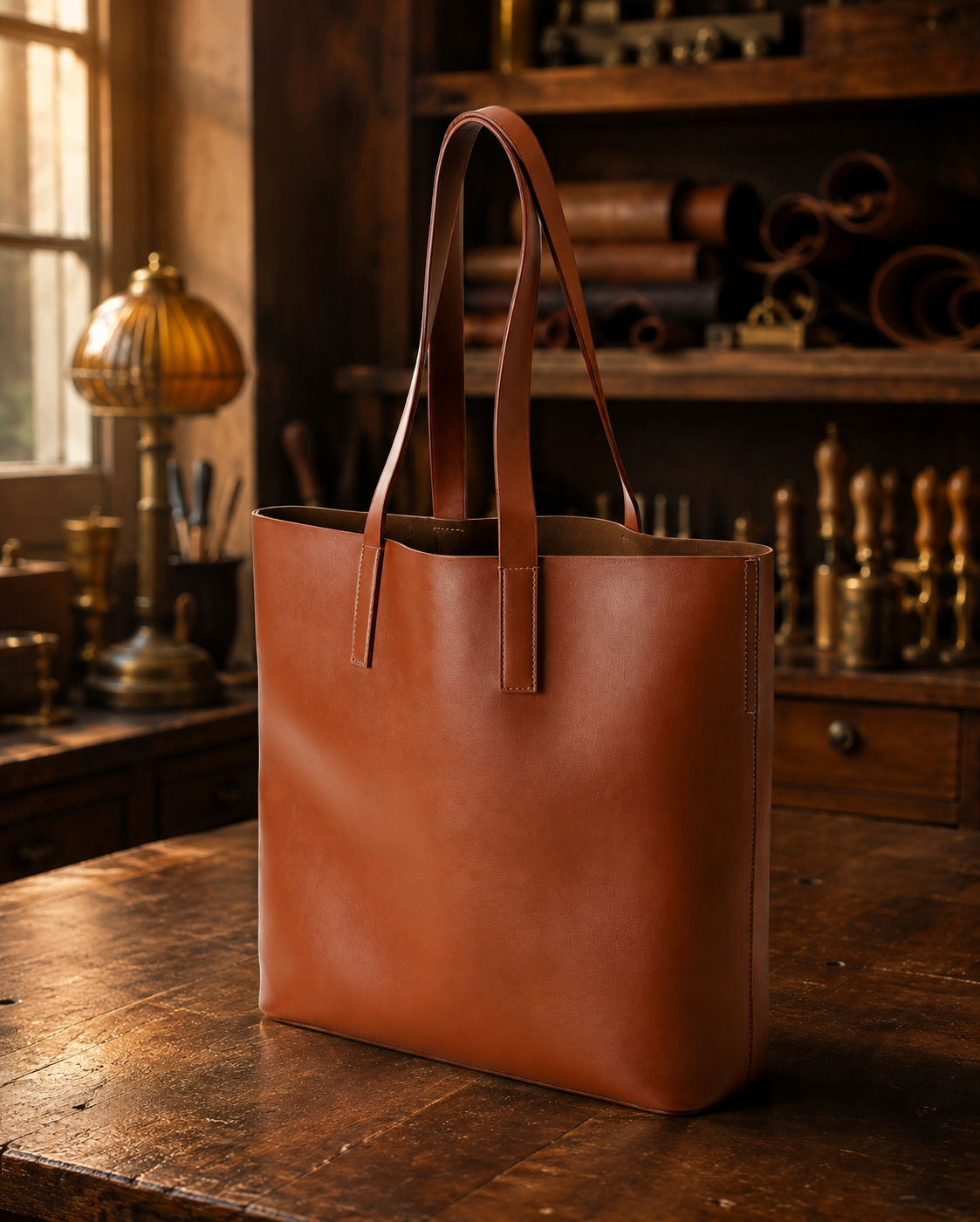 YuTang finished leather tote in the workshop